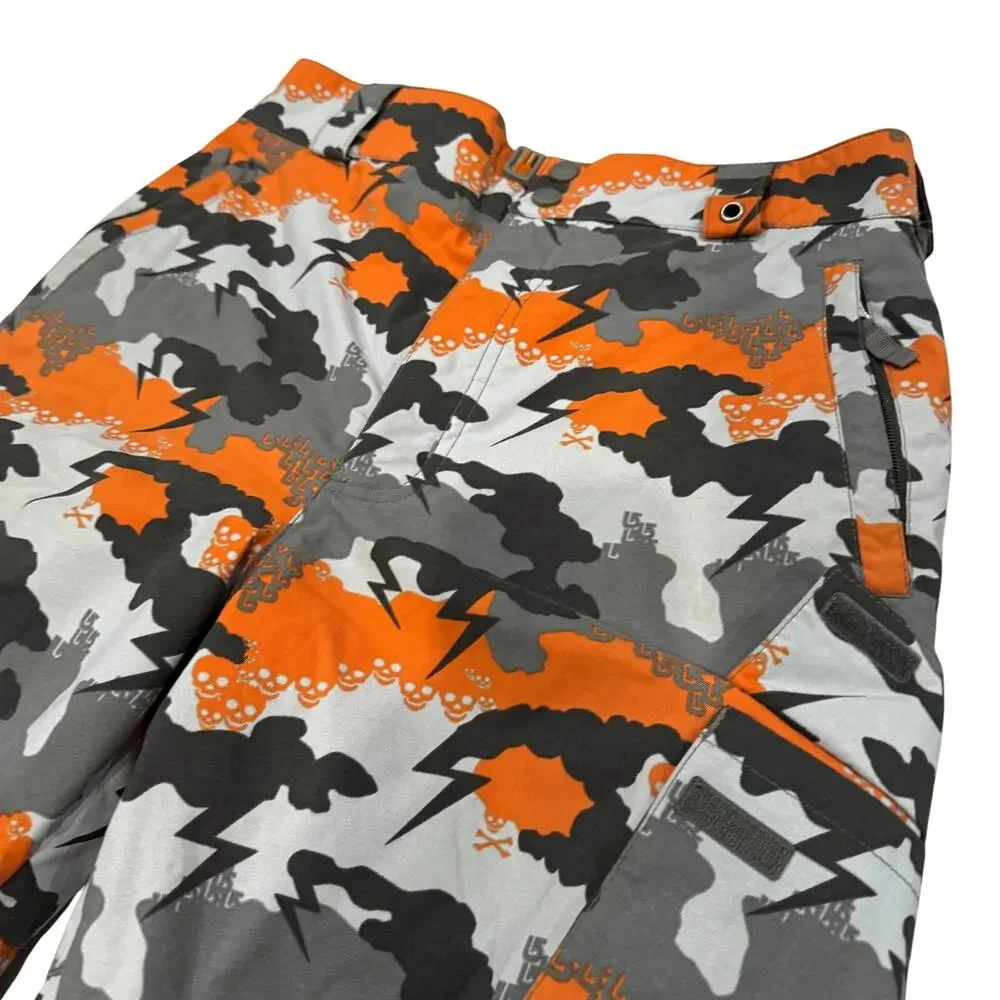 Burton Boys XL Insulated Snowboard Pants Orange Gray Camo Skull Lightning EUC